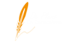 Variation du logo principal De plume en caractères. Plume orange avec un trait d'encre. A côté est écrit De plume en caractères en couleur blanche.